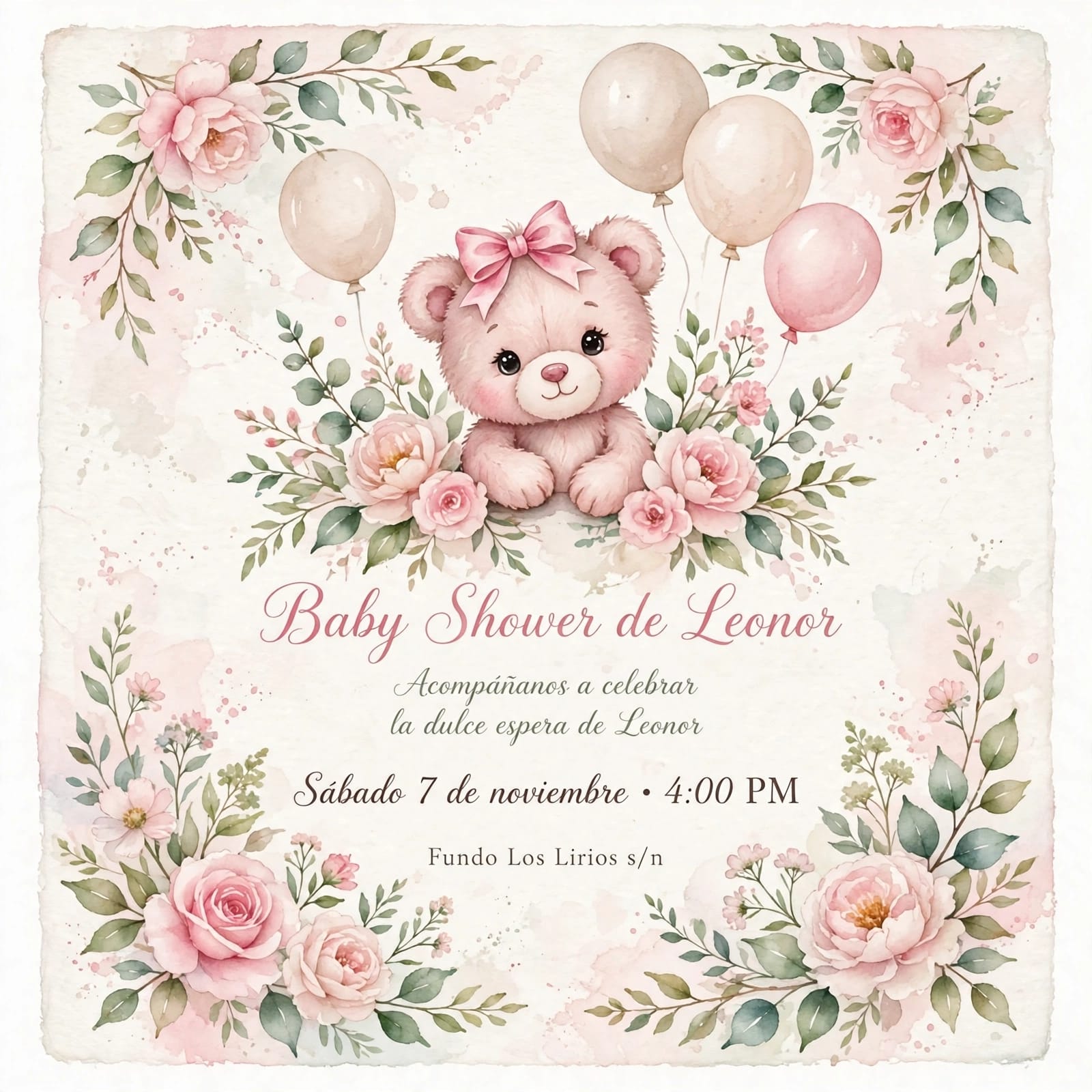 Acompáñanos a celebrar la dulce espera de Leonor. Sábado 7 de noviembre, 4:00 PM. Fundo Los Lirios s/n, Curicó, Chile.
